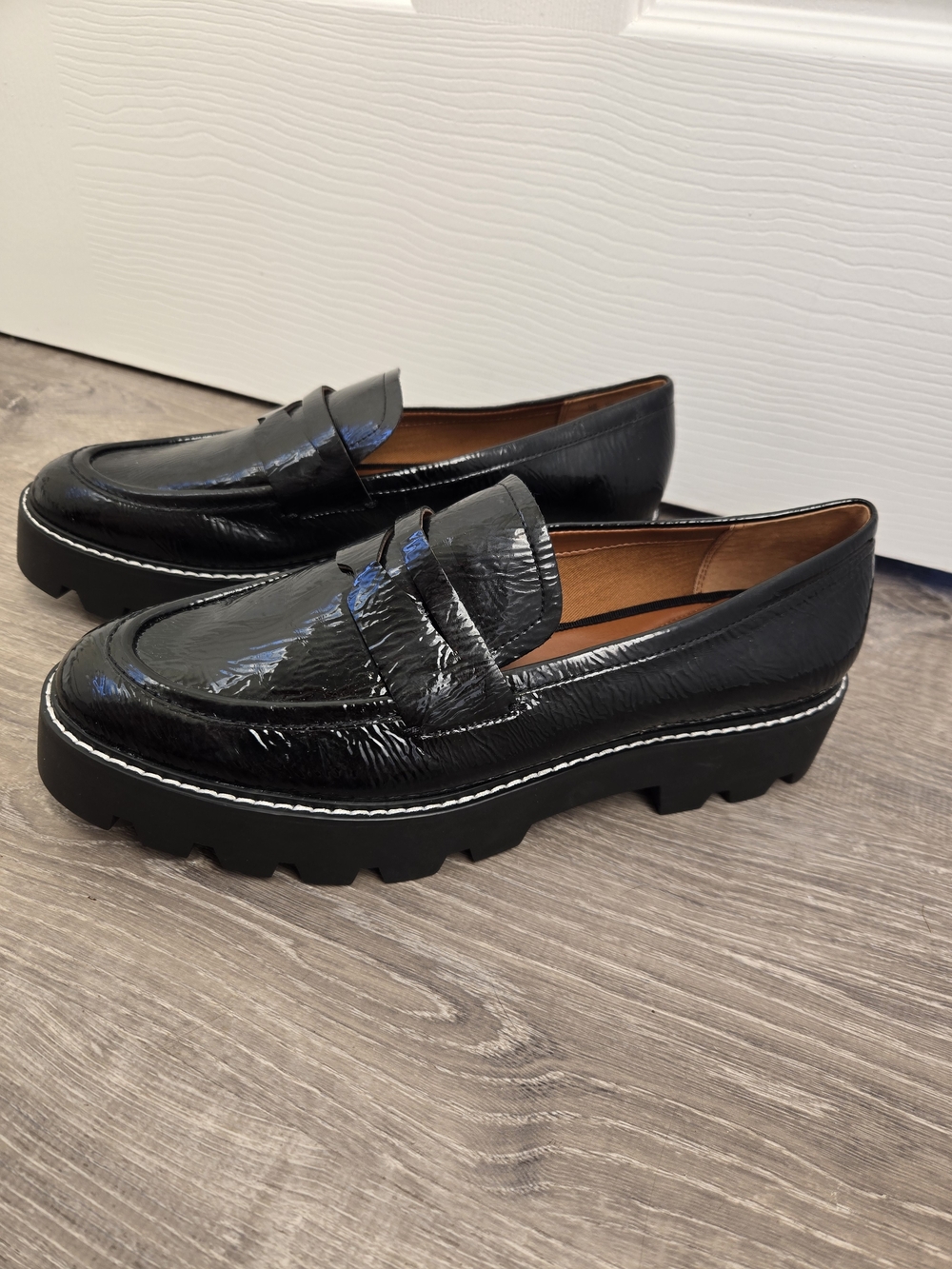Franco Sarto Balin Black Chunky Lug-Sole Penny Loafers Shiny NWOT